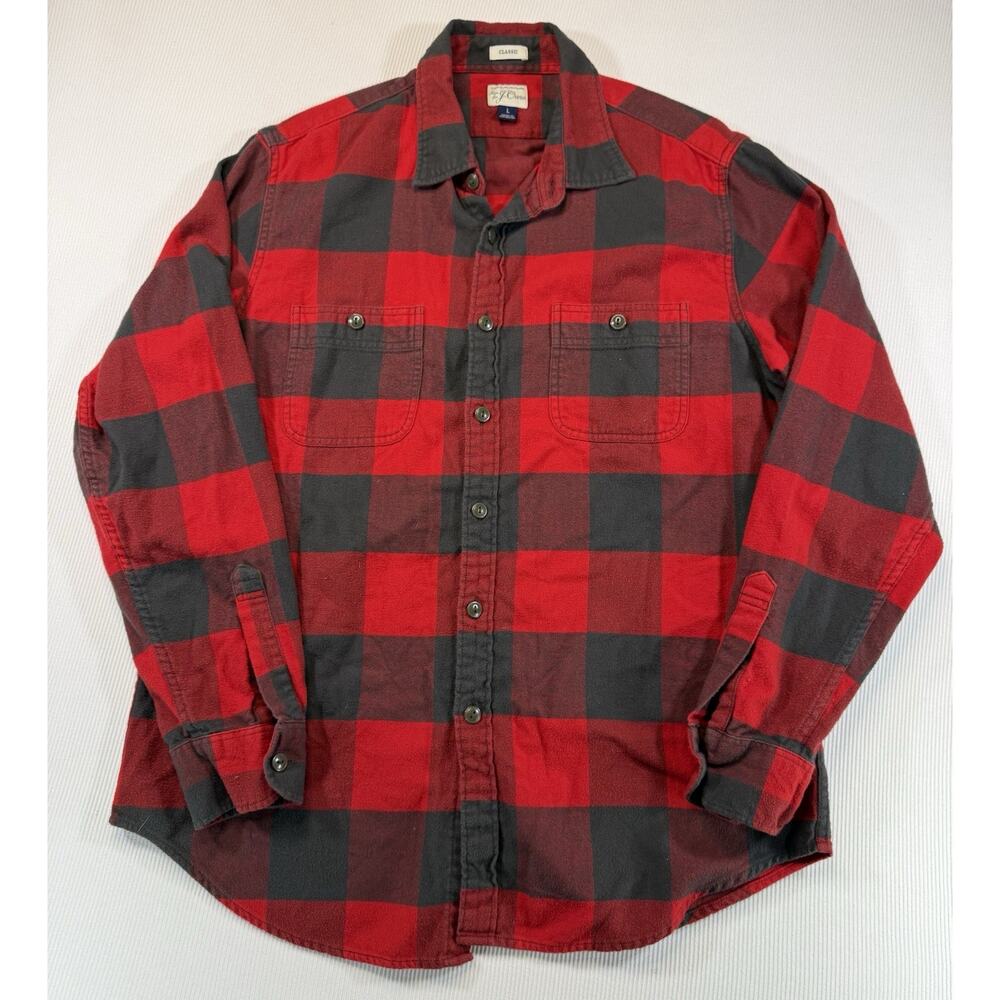 J Crew Buffalo Plaid Flannel Shirt Mens Large Red Black Classic Fit